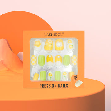 LASHIDOL Press On Magic Nails Summer Yellow Green Flower